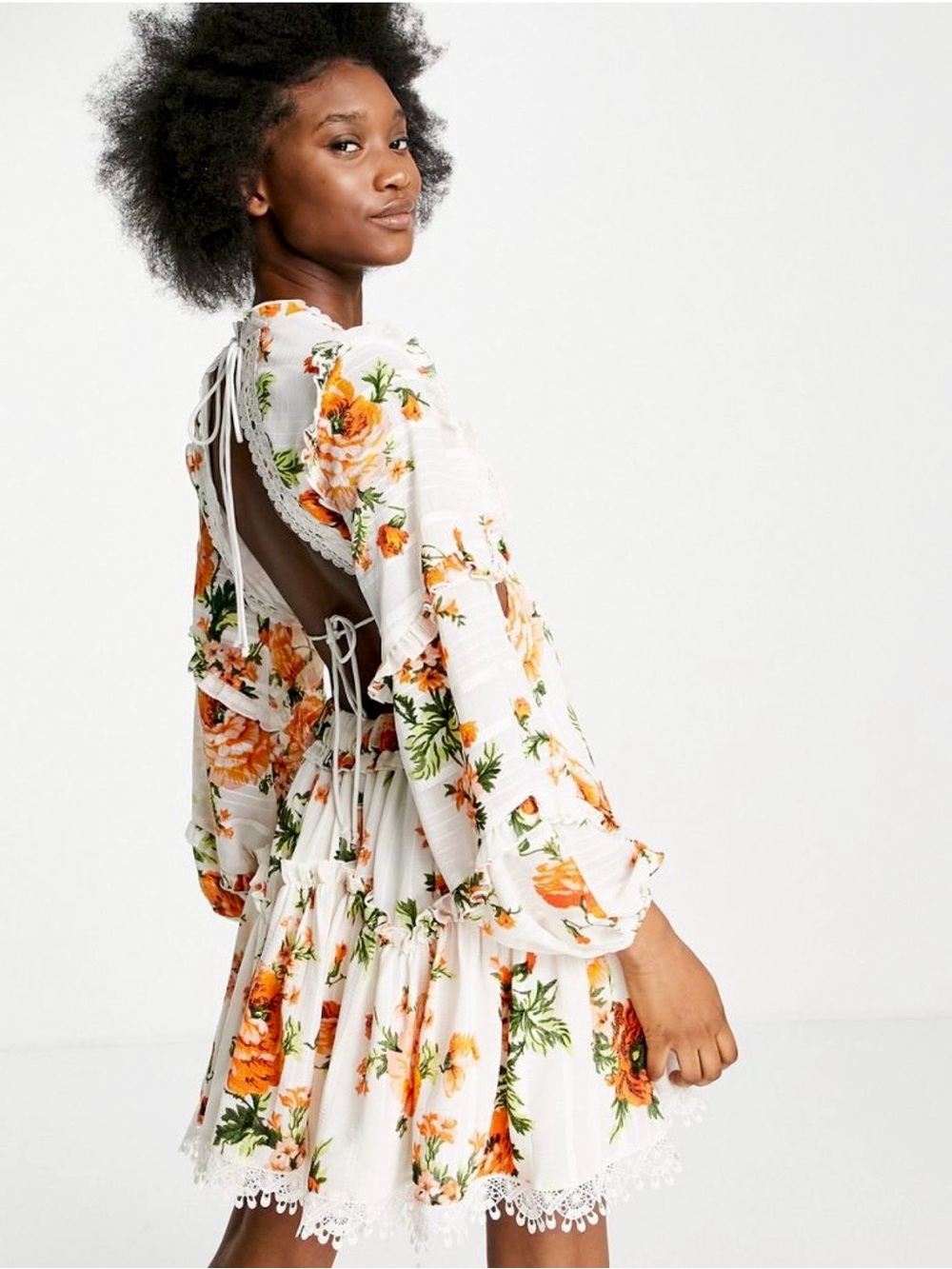 ASOS DESIGN lace insert tiered mini dress with trim detail in floral print